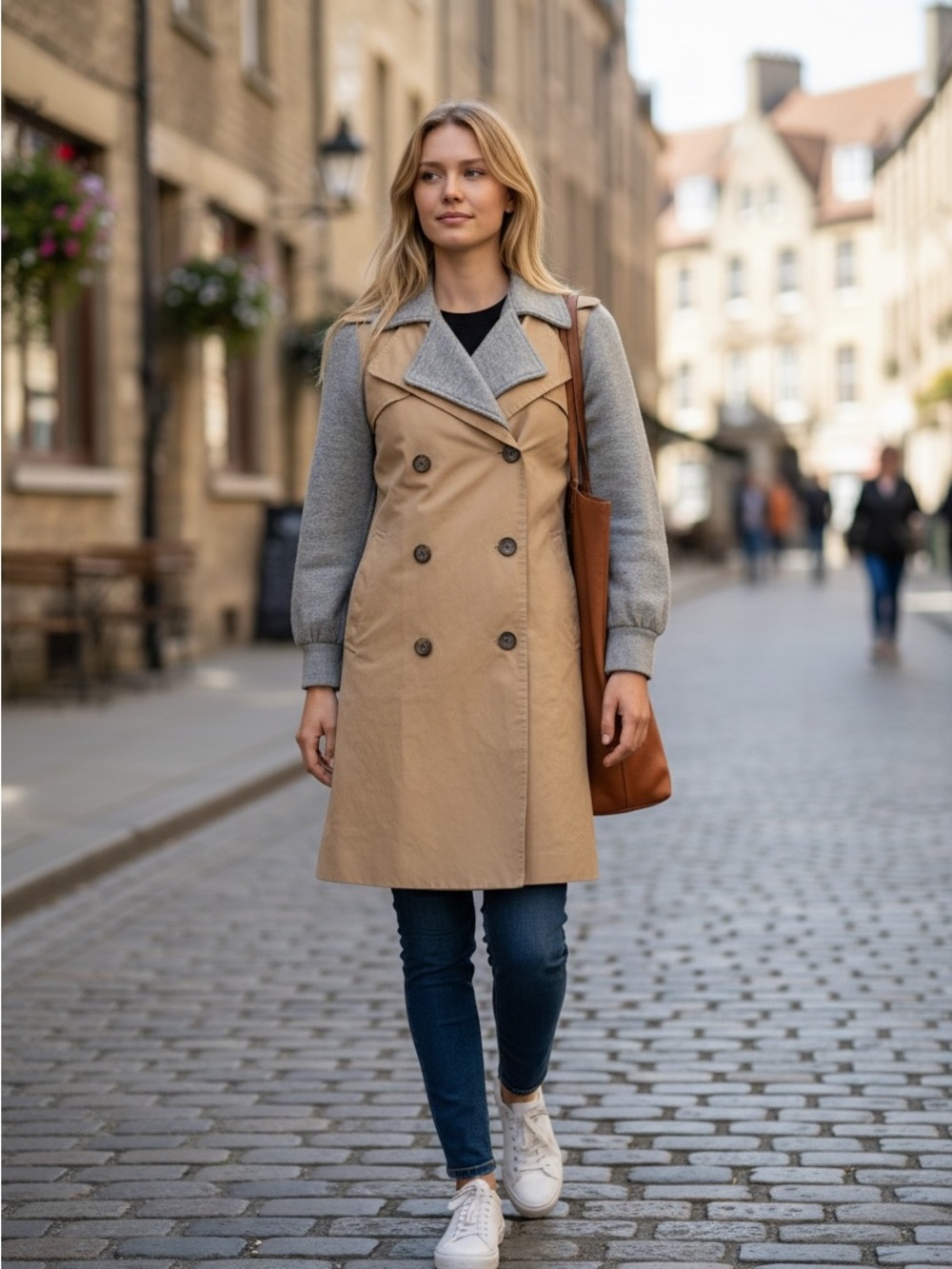 Smoky Camel Gray Mixed Media Double Breasted Trench Coat Knit Sleeve Women’s